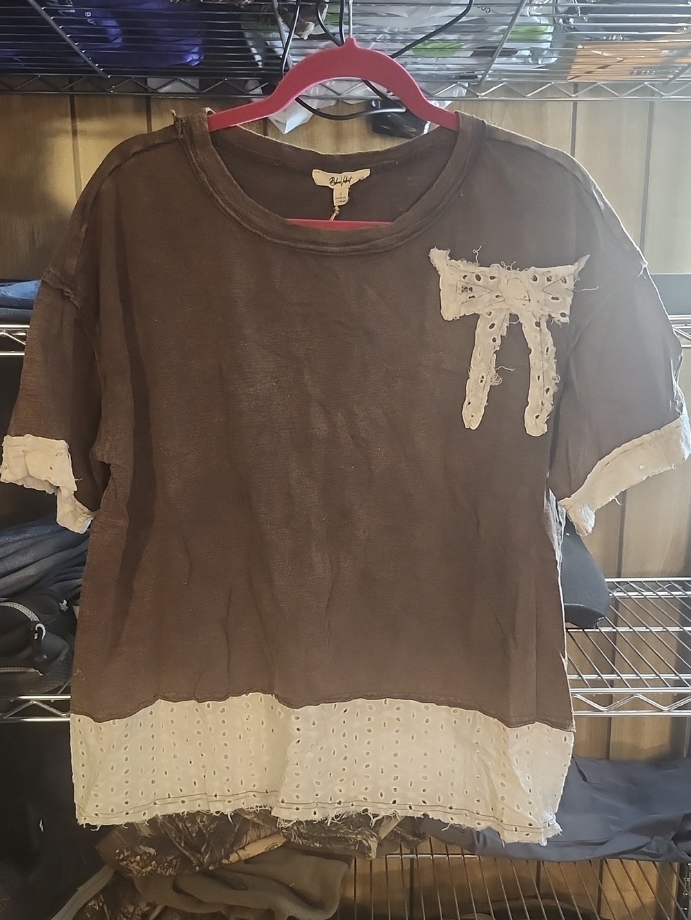 Womens Brown Eyelet-Trim Short Sleeve Blouse